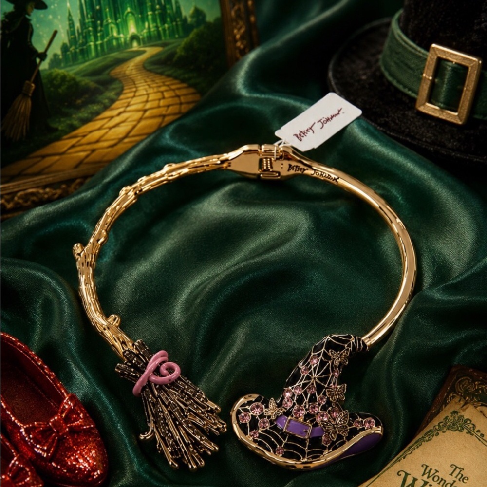 NWT Betsey Johnson Gold Witch Hat & Broom Necklace with Purple and Pink Accents